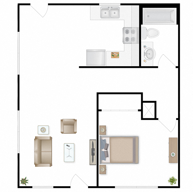 A floor plan of a one bedroom at The Lakes Apartments, Washington, 98837